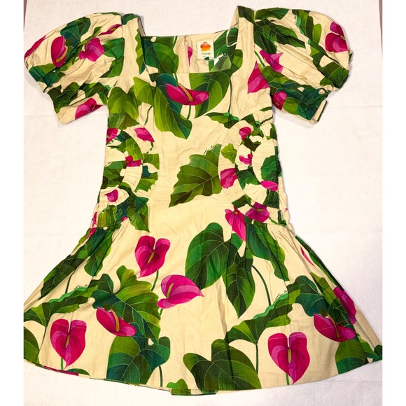 Farm Rio Anthurium Leaves Dress‎ Puff Sleeve Square Neck Linen Blend Size L - Picture 4 of 14